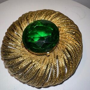 Vintage ART Gold Brooch with Large Green Gem